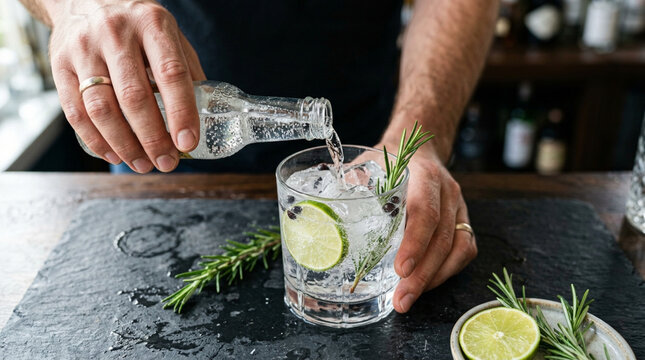 Bartender pouring tonic into gin glass with lime and rosemary garnish, close up