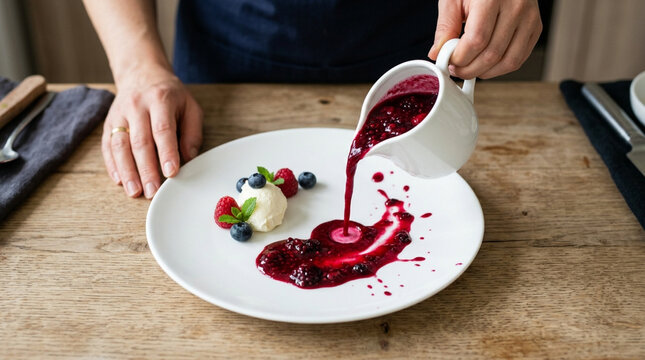 Berry Coulis Pouring onto Ice Cream and Berries