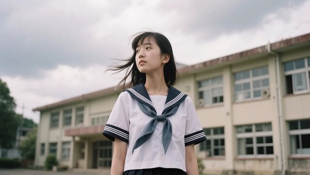 夏の終わりの曇り空の下で校舎を背景に風に髪をなびかせ遠くを見つめるセーラー服姿の女子生徒