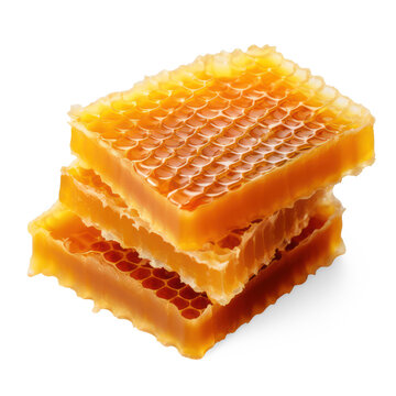 A stack of honeycomb is presented on a png transparent. The honeycomb consists of multiple layers of hexagonal cells filled with golden honey.