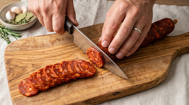 Chef slicing chorizo sausage on wooden board with herbs and garlic