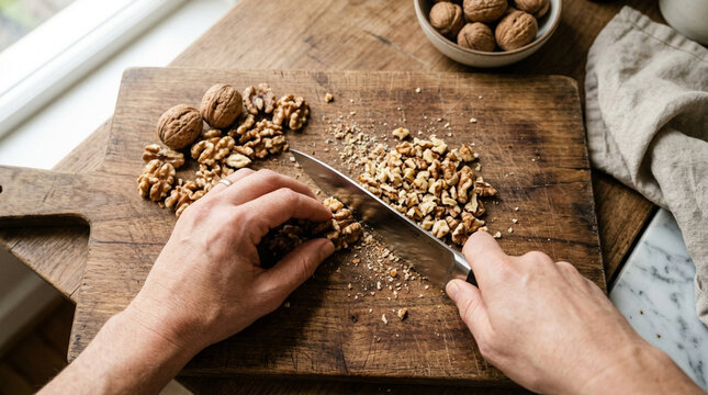 Chopping Walnuts on Wooden Board