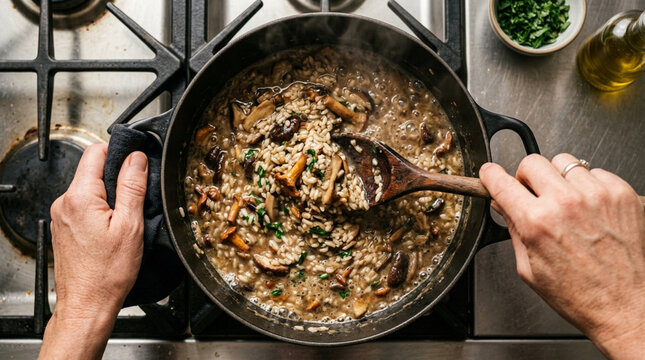 Creamy Mushroom Risotto Cooking in Cast Iron Pot on Stove