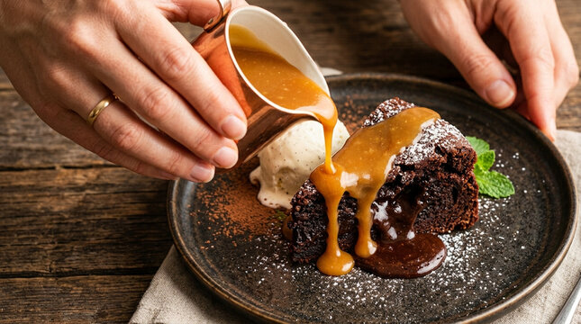 Decadent Chocolate Lava Cake with Caramel Drizzle and Vanilla Ice Cream