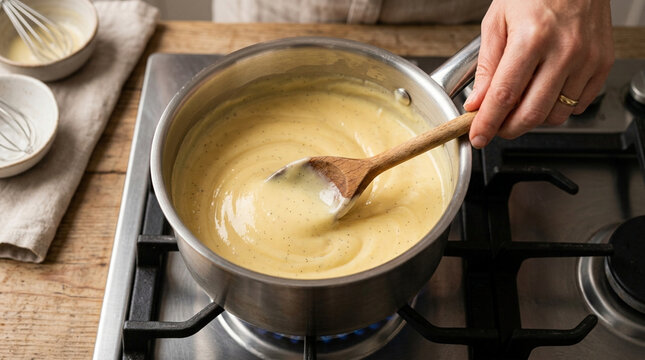 Cooking creamy custard sauce with vanilla beans in a saucepan on stove