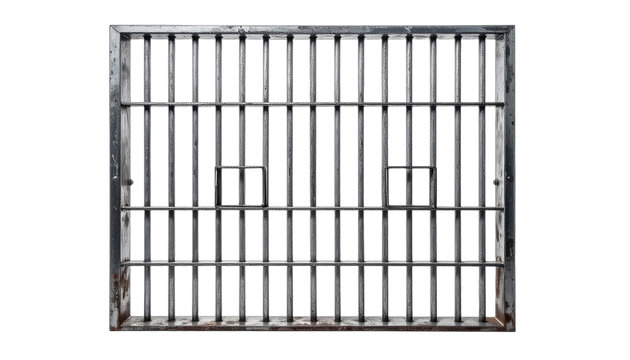 A weathered metal prison cell door with vertical bars and two small, square openings. isolated on white background