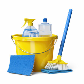 A yellow bucket contains cleaning supplies. The bucket includes a spray bottle, a bottle of liquid cleaner, a sponge, and a brush.