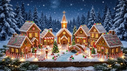 Fototapeta premium A charming gingerbread village glows warmly under a starry winter night sky.