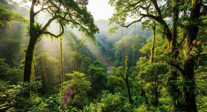 Sunlight streams through a dense rainforest canopy, illuminating a lush valley. Towering trees with thick vines and hanging roots dominate the scene.