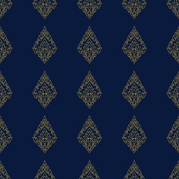 Traditional Thai lotus pattern gold line art grid seamless background, navy blue repeating tile