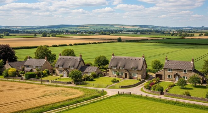 An aerial photograph showcases a picturesque cluster of traditional thatched cottages nestled in a serene rural landscape.
