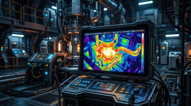 A technician monitors a reactor core using a thermal scan display. The image shows a dark, industrial control room with complex piping and machinery.