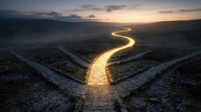 A long, winding path of golden stones cuts through a vast, desolate landscape at twilight. The path splits into three directions, each bordered by ancient stone walls.