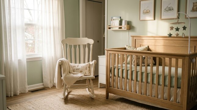 A cozy and serene baby nursery is depicted. A light-colored wooden crib with a white bedding sits against a pale green wall.