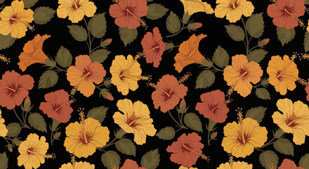 Tropical hibiscus flowers and leaves pattern on black background © rendi