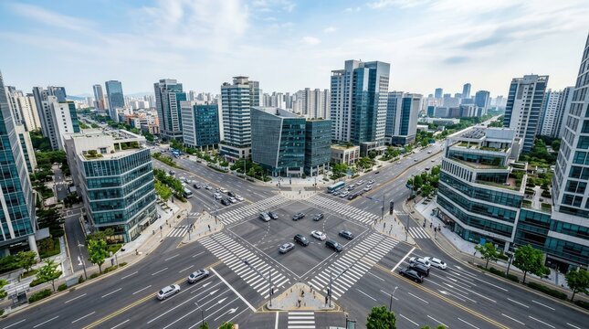 A high-angle photograph captures a bustling city intersection during daylight. Modern skyscrapers dominate the cityscape, reflecting the sky.