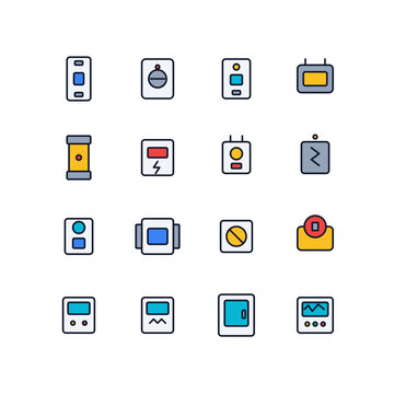 Premium flat vector icon collection of circuit breakers, relays, fuses, contactors, isolators and protection panels for electrical safety, industrial automation, power systems and engineering.