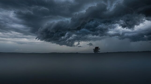 Dark clouds dominate a dramatic sky above a solitary tree on a flat, reflective water surface. The scene evokes a sense of foreboding and isolation.