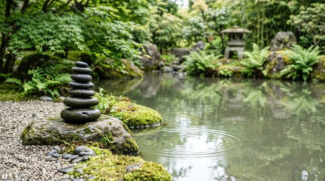 A dark stone stack rests on a mossy rock beside a tranquil pond. A traditional Japanese lantern stands in the background, reflecting in the water.