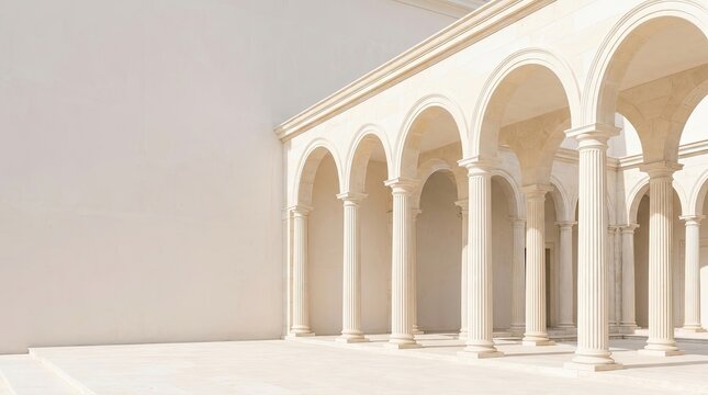 A pristine, light-colored colonnade stretches across a smooth, pale wall. The columns are tall and fluted, supporting a series of elegant arches.