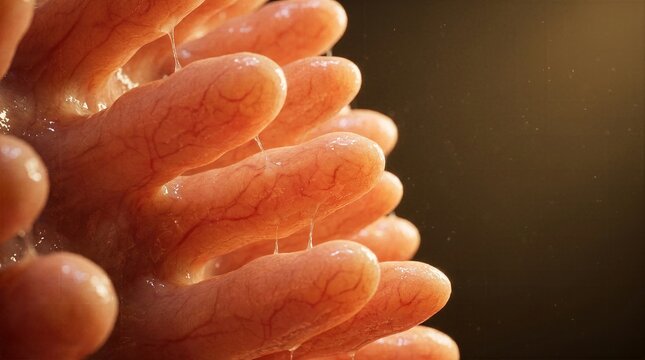 Detailed microscopic 3D render of healthy intestinal villi covered in mucus layer showing human digestive system lining