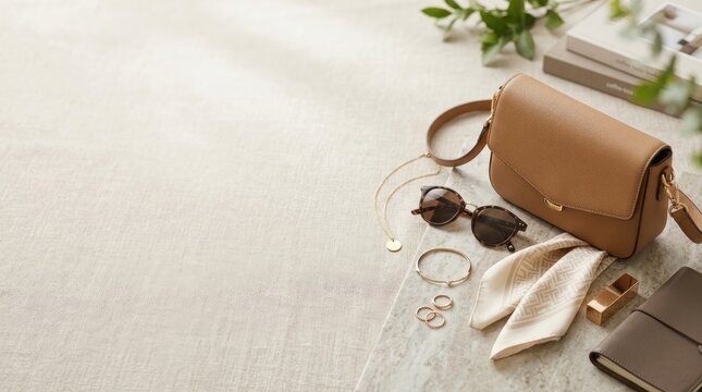 A light brown leather crossbody bag sits on a textured, light gray surface. A pair of gold-toned sunglasses and a delicate gold ring are placed beside the bag.