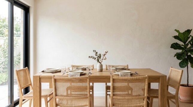 A light-filled dining room features a large wooden table with rattan chairs. A vase with white flowers sits on the table, and a potted plant adds greenery to the space.
