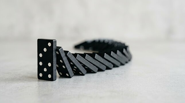 A black domino chain falls across a white surface. The dominoes are arranged in a linear sequence, demonstrating a cascading effect.