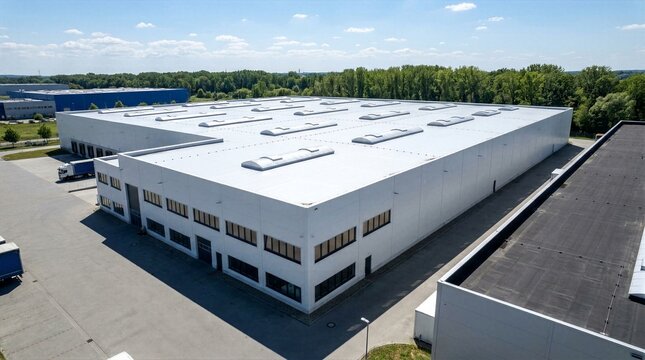 Aerial view of large modern white industrial warehouse building with flat roof surrounded by green trees