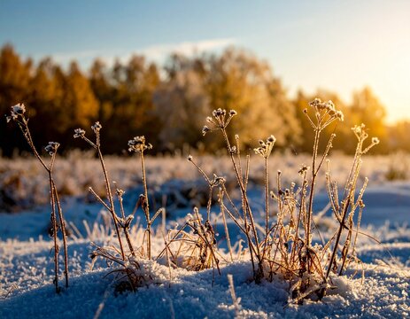 Frosty Winter Field at Sunrise with Golden Light