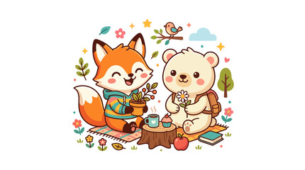 Fototapeta premium Cute Fox and Bear Friends Enjoying a Picnic Outdoors