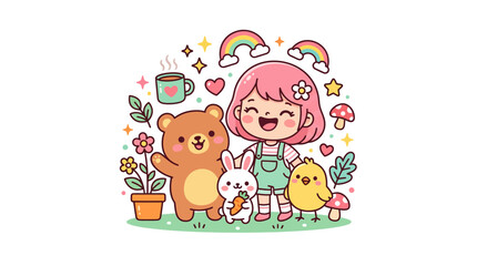 Fototapeta premium Cute girl with animals, rainbows, and coffee