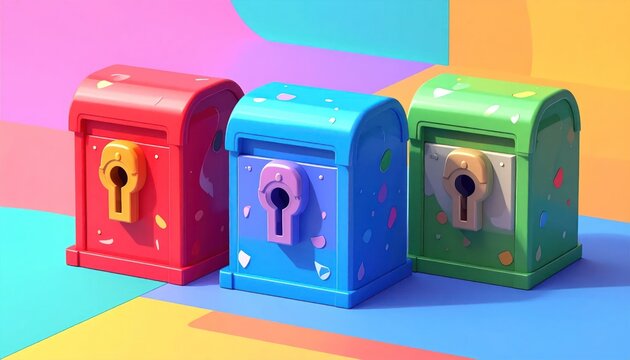 Three colorful stylized treasure chests on vibrant background.