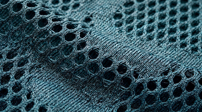 Textured teal fabric with open knit pattern providing ventilation for summer clothing.