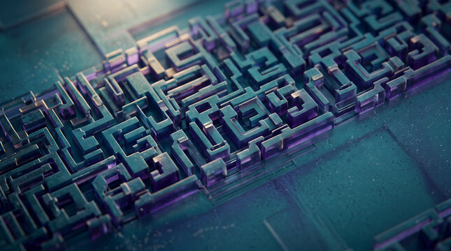 Abstract cyan and purple isometric maze pattern for high tech digital background design.