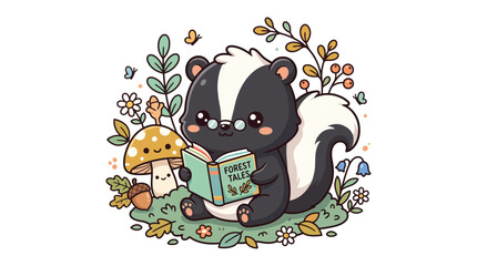 Fototapeta premium Cute Skunk Reading Book in Enchanted Forest