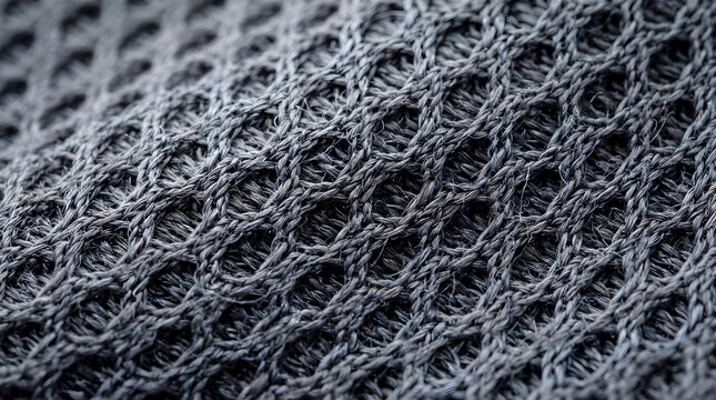 Abstract grey mesh fabric with intricate woven details and a complex interlocking pattern.