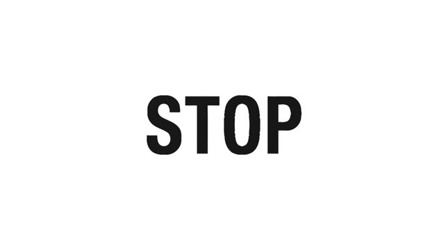 White octagonal stop sign featuring bold black typography set against a smooth solid grey surface background