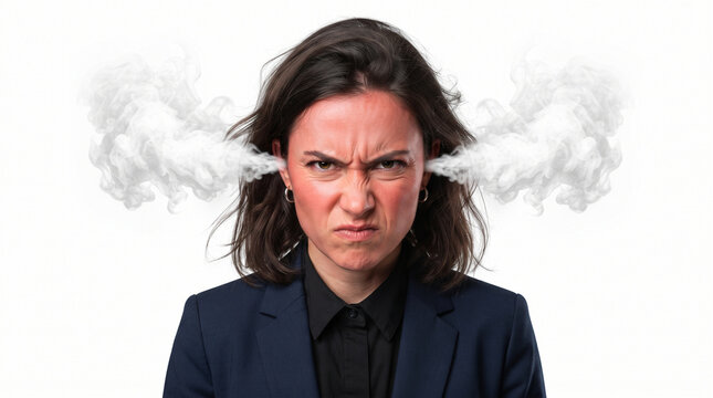 Photo: an employee with an angry expression and a smoke effect, white background, office activity