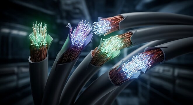 Fiber optic cables transmitting data with glowing light abstract 3d render 4k