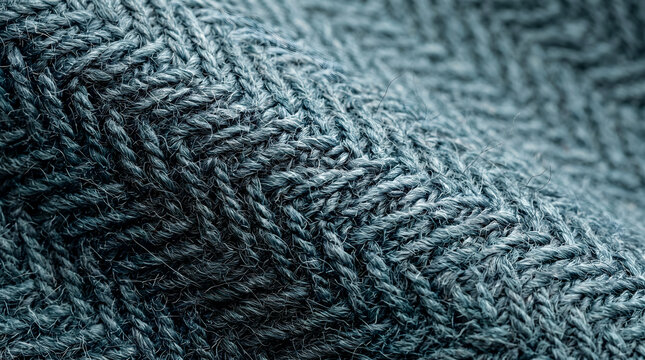 Close up view of soft grey knitted fabric showing a detailed herringbone pattern.