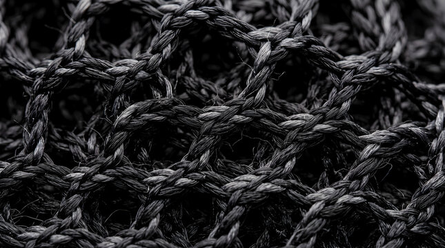 Close up of thick rough black and gray yarn forming a net like pattern for rustic decor.
