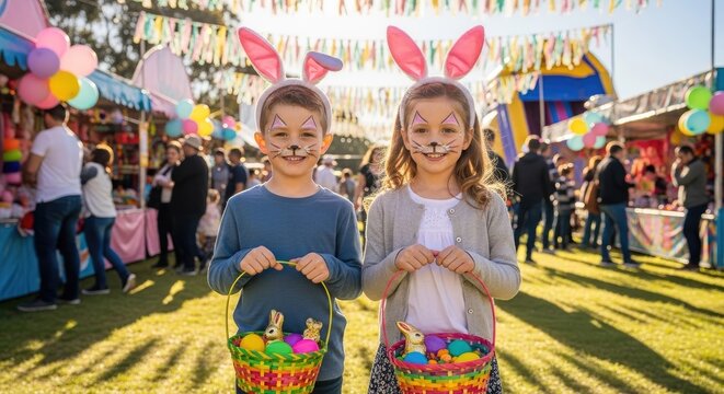 Two children with Easter bunny ears and baskets of eggs at a fair.