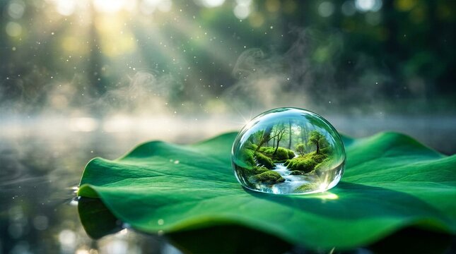 Crystal sphere on water lily pad enclosing a tiny river landscape in tranquil misty nature