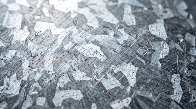 Polished zinc galvanized metal surface with crystalline pattern for material study.