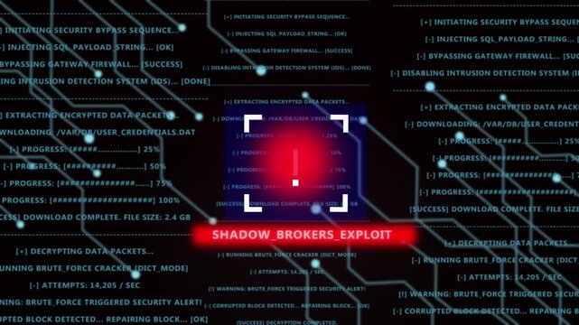 Cyber security threat alert warning sign featuring shadow brokers exploit code and digital network data breach visualization with glowing circuitry lines and system intrusion warning