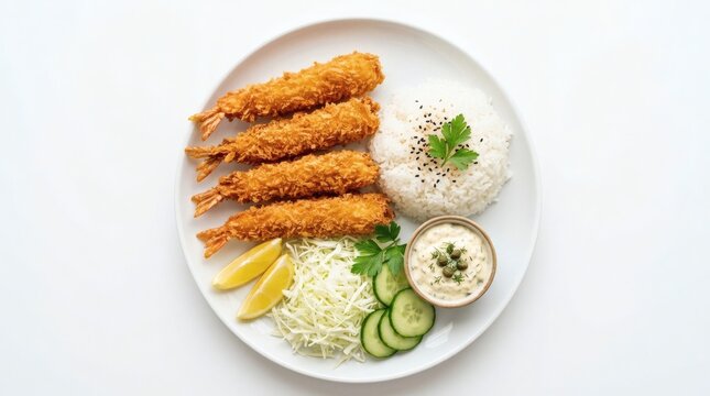 Top Down Crispy Japanese Ebi Fry Golden Breaded Shrimp Shredded Cabbage Tartar Sauce Steamed Rice

