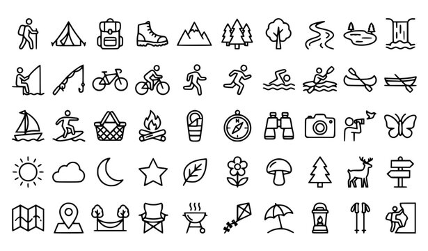 Outdoor Leisure and Nature Line Icons Set with Hiking Camping Cycling Fishing and Adventure Pictograms