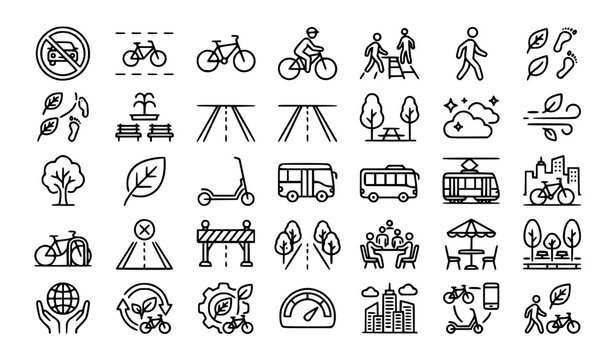 Car Free Day Line Icons Set with Bicycle Lane Green Path Clean Air Public Space and Urban Mobility Vector