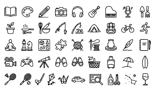 Leisure Activities and Hobbies Line Icons Set with Reading Music Sports Crafts and Outdoor Recreation